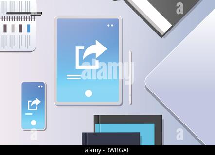 cloud data share online internet sharing network top angle view workplace desktop with tablet pc and smartphone screen synchronization storage office Stock Vector