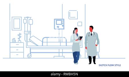 female male doctors in uniform discussing hospital room interior intensive therapy patient ward with bed couple clinic workers team full length sketch Stock Vector