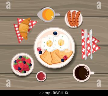 fried eggs with croissant and sausages nutrition Stock Vector