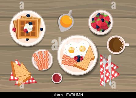 waffles with fried eggs and sliced bread Stock Vector