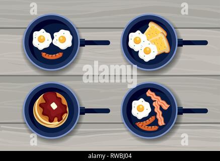 set fried eggs with pancakes and sausages Stock Vector