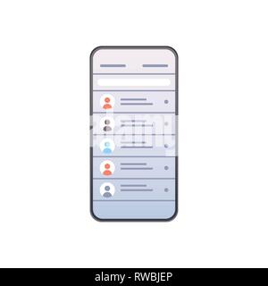contact list of people social network concept smartphone select contacts screen chatting and messaging mobile application flat white background Stock Vector