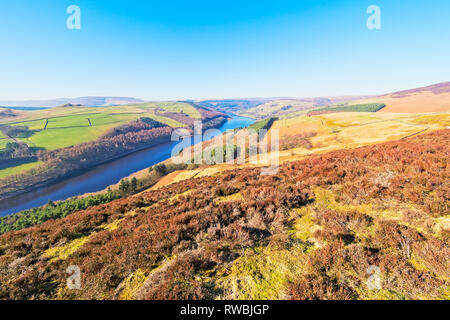 Looking from the heights of Derwent Moor down i to the hazy Derwent Valley Stock Photo