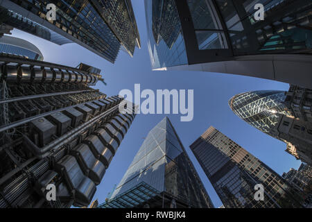 London financial district, looking directly up at the city skyline Stock Photo