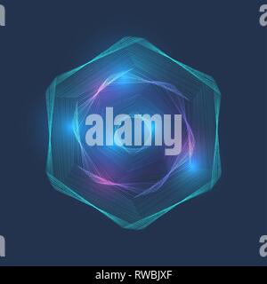Particle hex vortex point dotted lines connection, three-dimensional digital sphere. Fractal connection hexagon structure, Vector illustration. Stock Vector