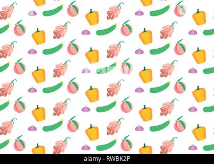 colored vegetables and fruits seamless pattern vegetarian food concept white background flat horizontal Stock Vector