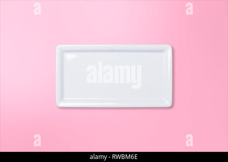 Empty white cornered plate on pink gradient background, view directly from above Stock Photo