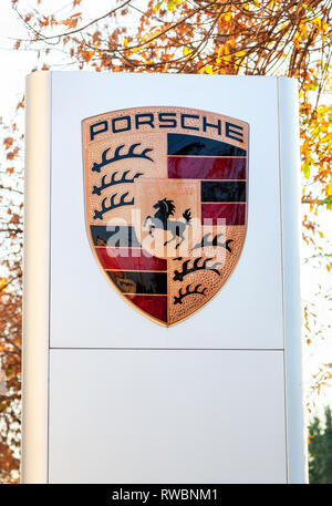 Samara, Russia - September 26, 2015: Official dealership sign Porsche automobile logo Stock Photo