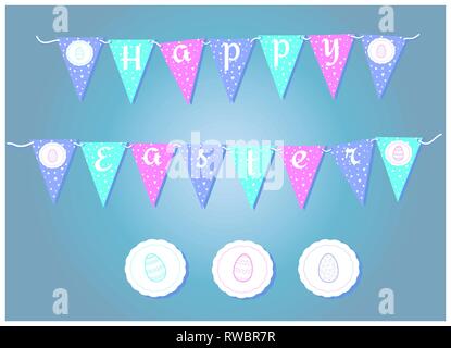 Vector Easter garlands with flags, eggs, hearts and rabbits. illustration of patterns of delicate colors aquamarine turquoise, pink, blue. Silhouettes Stock Vector