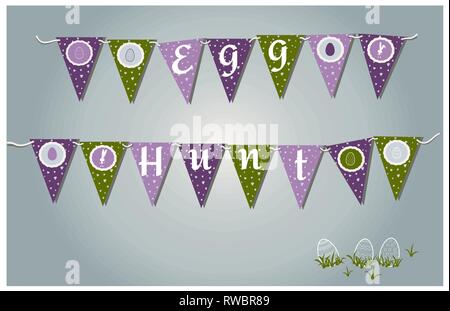 Vector Easter garlands with flags, eggs, hearts and bunnies. Illustration typographic design for spring and easter cards and invitations. Gray, lilac, Stock Vector