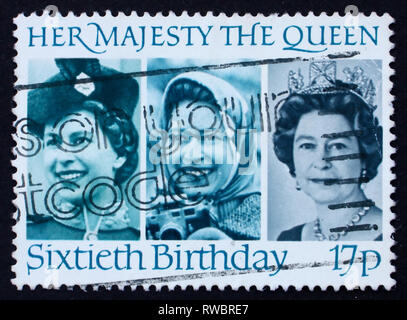 GREAT BRITAIN - CIRCA 1986: a stamp printed in the Great Britain shows Her Majesty the Queen Elizabeth II, sixtieth birthday, circa 1986 Stock Photo
