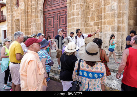 Cartagena Colombia,San Pedro Claver Sanctuary,Catholic church,exterior,man men male,woman female women,senior seniors citizen citizens,guided tour,lis Stock Photo
