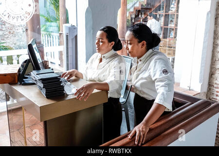 Cartagena Colombia,Crepes & Waffles,restaurant restaurants food dining cafe cafes,inside interior,cashier,waiter waiters server employee work worker w Stock Photo