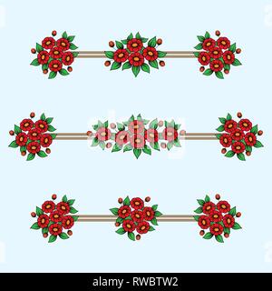 Set of three different red linear frames with floral elements Stock Vector