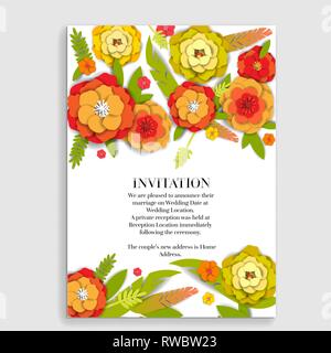 Wedding invitation floral card. Paper cut flowers for decor, realistic effect. Bright holiday design. Stock Vector