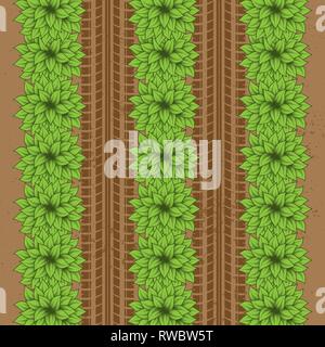 Brown ground background with green bushes and tire tracks