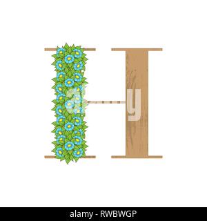 Letter H wooden texture with green leaves and flowers Stock Vector