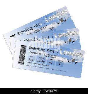 Airline boarding pass tickets to London isolated on white.  Each element of the ticket is invented. Every symbol, every code, every ID number, are inv Stock Photo