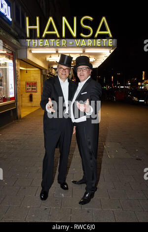 05 March 2019, Hamburg: Ulrich Waller (l), and Thomas Collien, the two managing directors, come to the 125th anniversary gala of the Hansa Variete Theatre. Photo: Georg Wendt/dpa Stock Photo