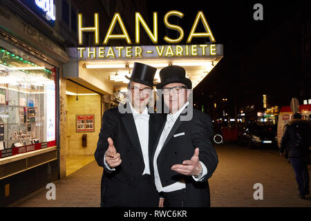 05 March 2019, Hamburg: Ulrich Waller (l), and Thomas Collien, the two managing directors, come to the 125th anniversary gala of the Hansa Variete Theatre. Photo: Georg Wendt/dpa Stock Photo