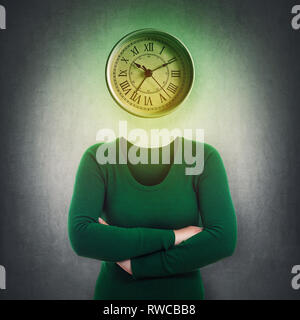 Surreal image headless anonymous woman with mystic clock instead her head over grey wall background. Emotional concept of time in educational process. Stock Photo