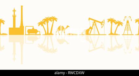 Vector seamless pattern with equipment for oil production, refinery plant, camel, palm trees. Heading or footer banner. Stock Vector