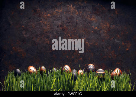 Row of black and golden Easter eggs in grass on grungy dark background, space for your text Stock Photo