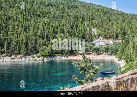 Beautiful Foki beach, located near the village of Fiskardo, is known for its emerald sea and pine forest surrounding it. Ionian island Kefalonia, Gree Stock Photo