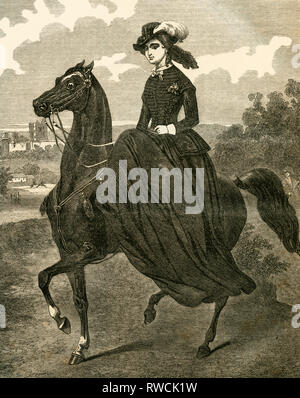 Eugénie Empress of the French, riding, wood engraving from: 'Illustrirtes Familien Journal ' (family magazine with illustrations), published by A. H. Payne, 1853., Additional-Rights-Clearance-Info-Not-Available Stock Photo