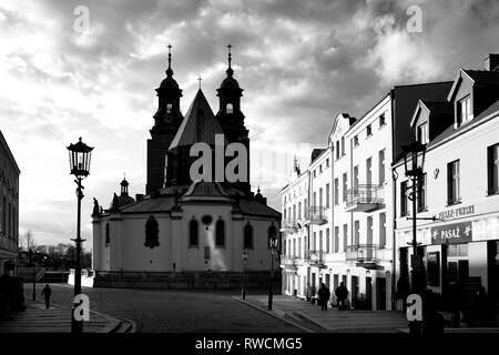 Gniezno / Poland - Old town sacred and secular buildings, Cathedral and cityscape - architecture of the first polish capital. Black and white. Stock Photo