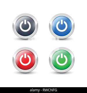 Round power buttons with metallic silver border. Vector start button icons isolated on white background. Stock Vector