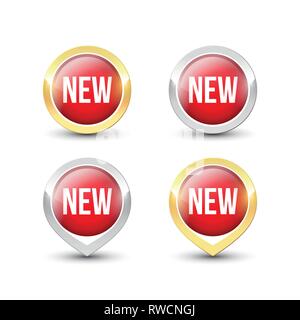 Red round NEW buttons and pointers with metallic gold and silver border. Vector label icons isolated on white background. Stock Vector