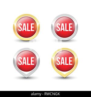Red round SALE buttons and pointers with metallic gold and silver border. Vector label icons isolated on white background. Stock Vector