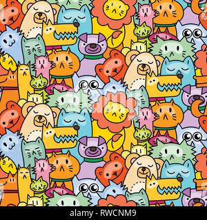 Seamless pattern with cute animals. Dogs, Cats, lion. Vector illustration Stock Vector