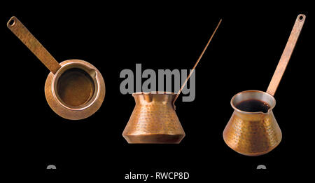 Old copper Turk, coffee maker, coffee making pot at different angles view, isolated on black background with path. Stock Photo