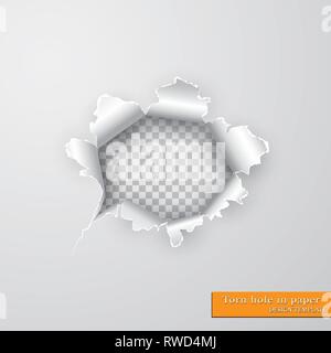 Torn hole in paper with ripped edges with shadow on transparent background. Graphic concept for your design. Stock Vector
