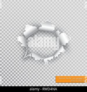 Torn hole in paper with ripped edges with shadow on transparent background. Graphic concept for your design. Stock Vector