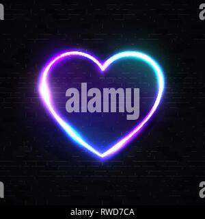 Neon 80s style heart background. Black brick wall. Stock Vector