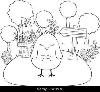 chick with ears rabbit in basket and eggs painted garden scene Stock Vector