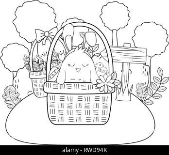 chick with ears rabbit in basket and eggs painted garden scene Stock Vector