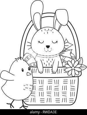 little rabbit and chick in basket easter characters Stock Vector