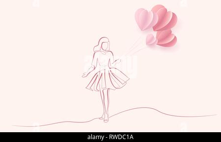 Happy 8 March womens day card. Continuous one line drawing. Friends girls sitting together with ait balloons shaped as heart. Vector illustration Stock Vector