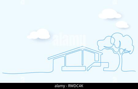 Continuous one line drawing. Modern house with tree, building, residential building concept. Vector illustration. Paper design clouds Stock Vector