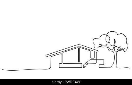 Continuous one line drawing. Modern house with tree, building, residential building concept, logo, symbol, construction Vector illustration Stock Vector