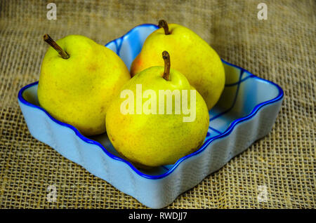 Fresh pears in a ceramic bowl. Stock Photo