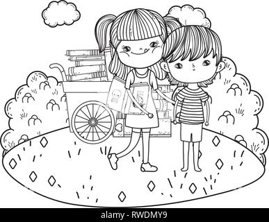 happy little kids with cart books in the landscape Stock Vector