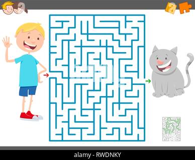 Cartoon Illustration of Education Maze or Labyrinth Activity Game for Children with Boy and his Cat Stock Vector