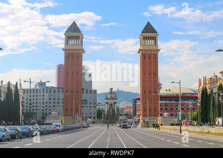 The Venetian Towers (in Catalan: Torres Venecianes) is the popular name for a pair of towers on Avinguda de la Reina Maria Cristina at its junction wi Stock Photo