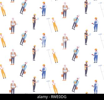construction workers different industrial technicians men builders seamless pattern male cartoon characters full length isolated Stock Vector