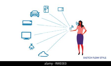woman controlling home network talking to smart speaker personal virtual assistant voice command recognition concept artificial intelligence Stock Vector